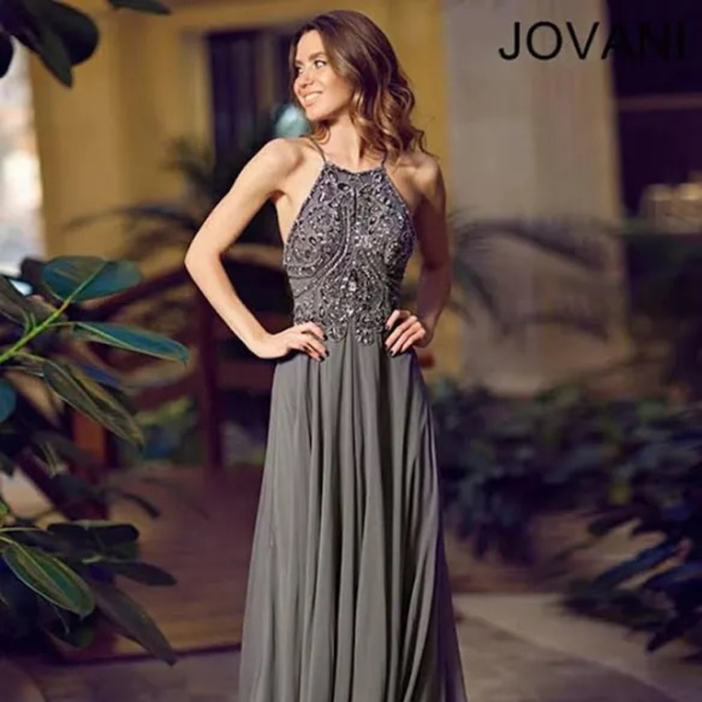 Jovani dark grey maxi gown style 92605